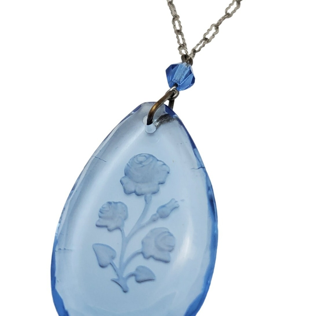 Czech Blue Glass Pendant Necklace Silver Tone Chain Vintage Intaglio Rose Floral