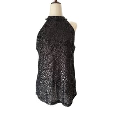 CABLE & GAUGE New Black Sequin Sleeveless Turtleneck Halter Top, Size Small