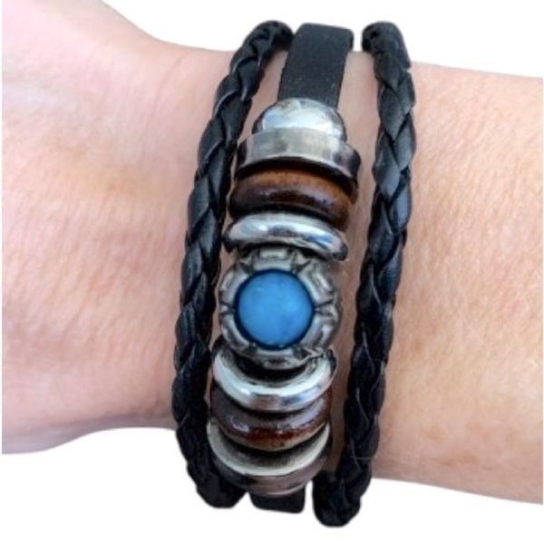 Ibiza Multi-Strand Cuff Bracelet Turquoise Beads Black PU Leather Boho Chic NEW