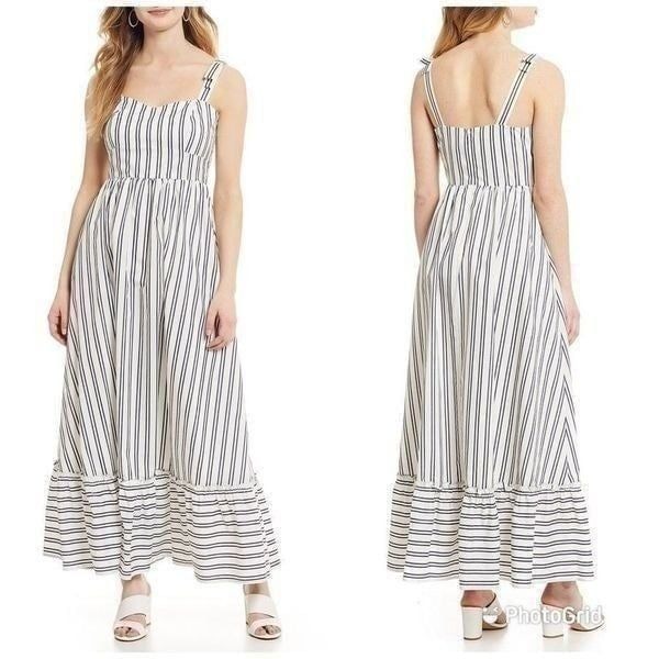 GIANNI BINI Striped Maxi Dress Sleeveless Tiered Prairie Ivory Navy Size 4 New