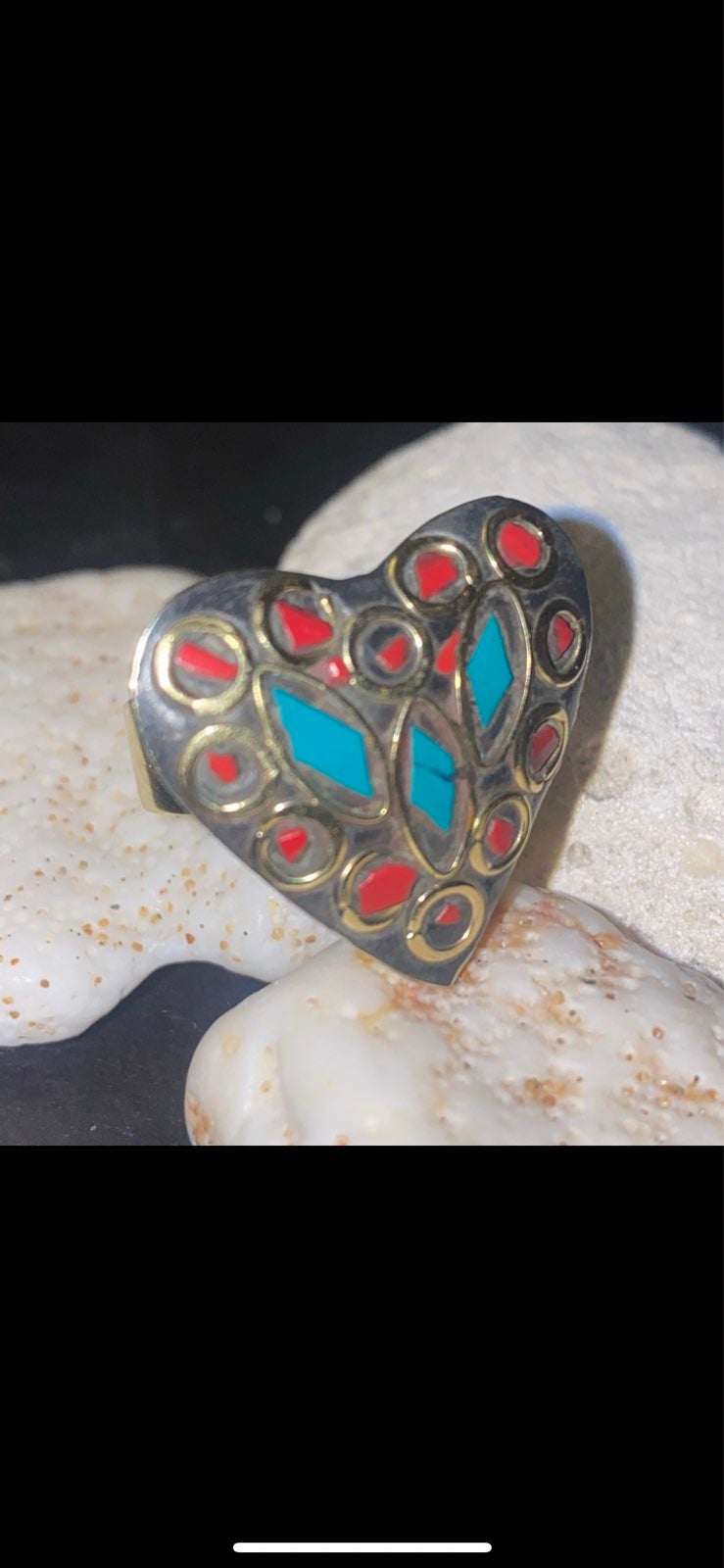 Tibetan Turquoise + Red Coral Handcrafted ring 7.5 adjustable