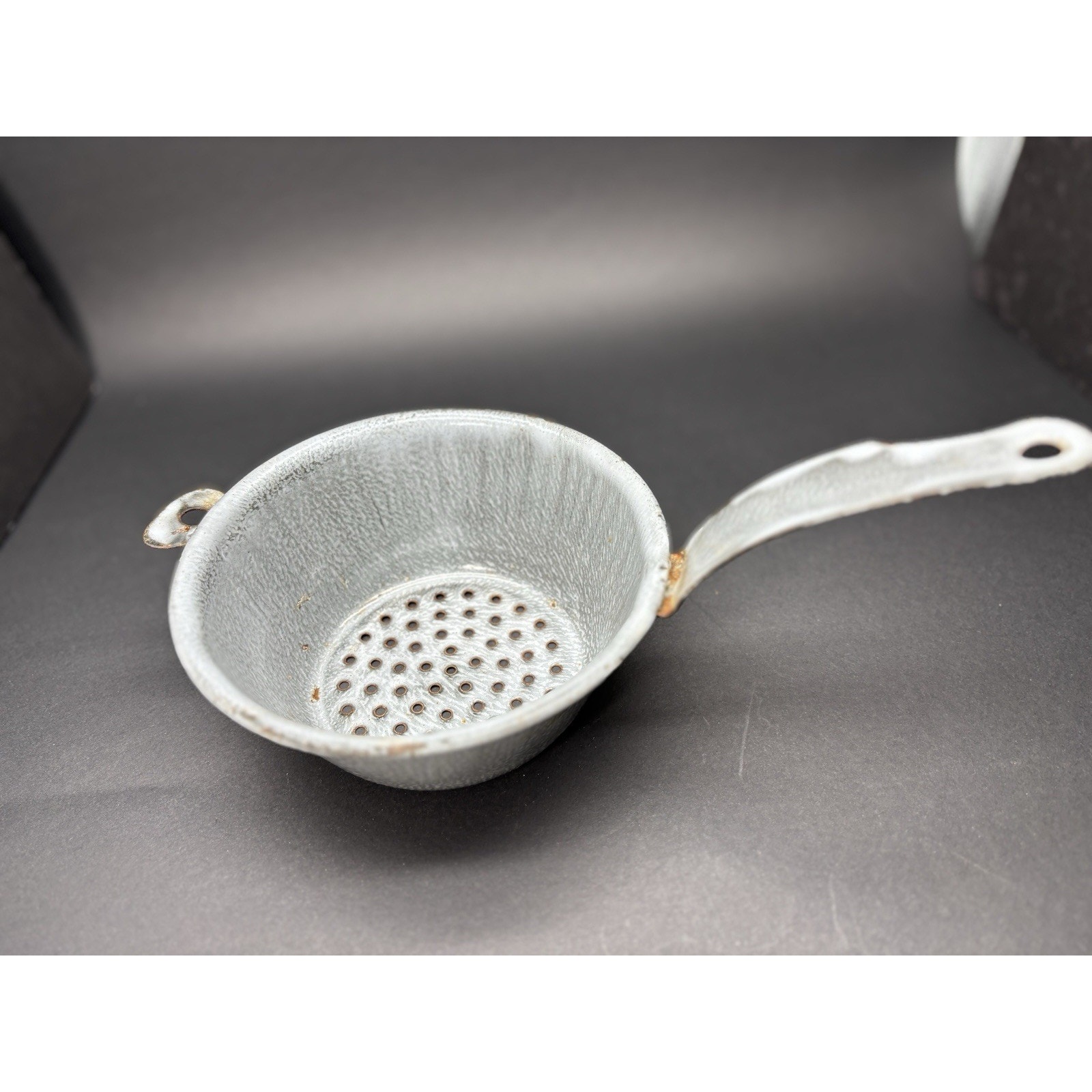 Vintage Graniteware Enamelware Handled 6”Colander Strainer Kitchen Primitive