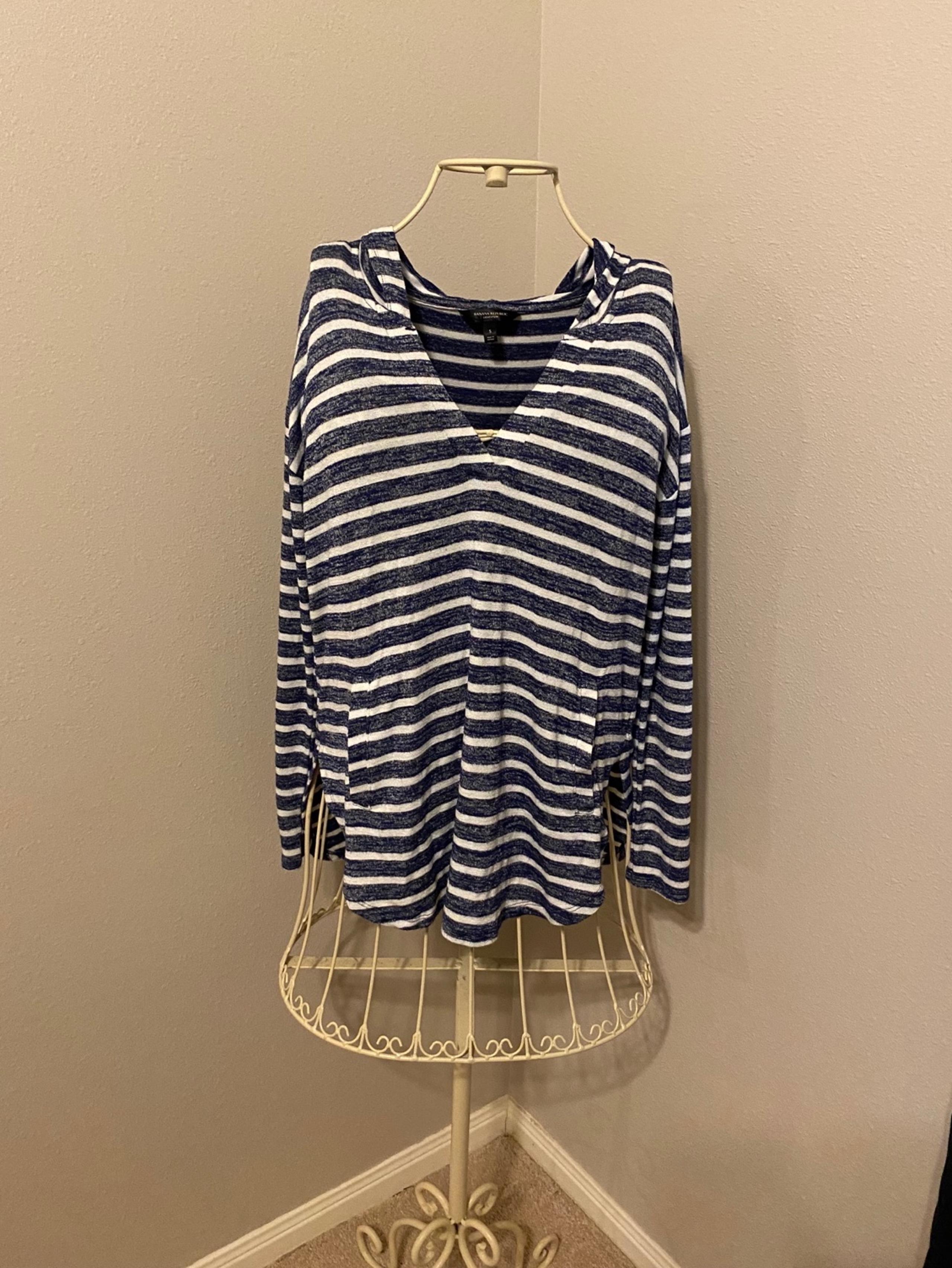 Banana Republic Navy Blue & White Striped Hooded Longsleeve Top