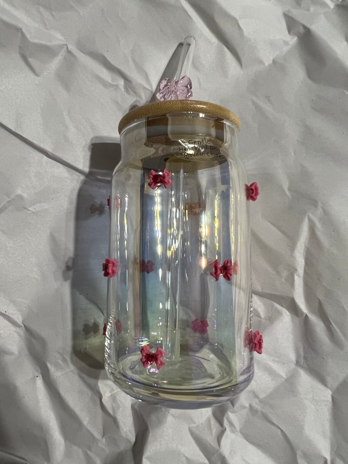 Pink bow glass cup (1)