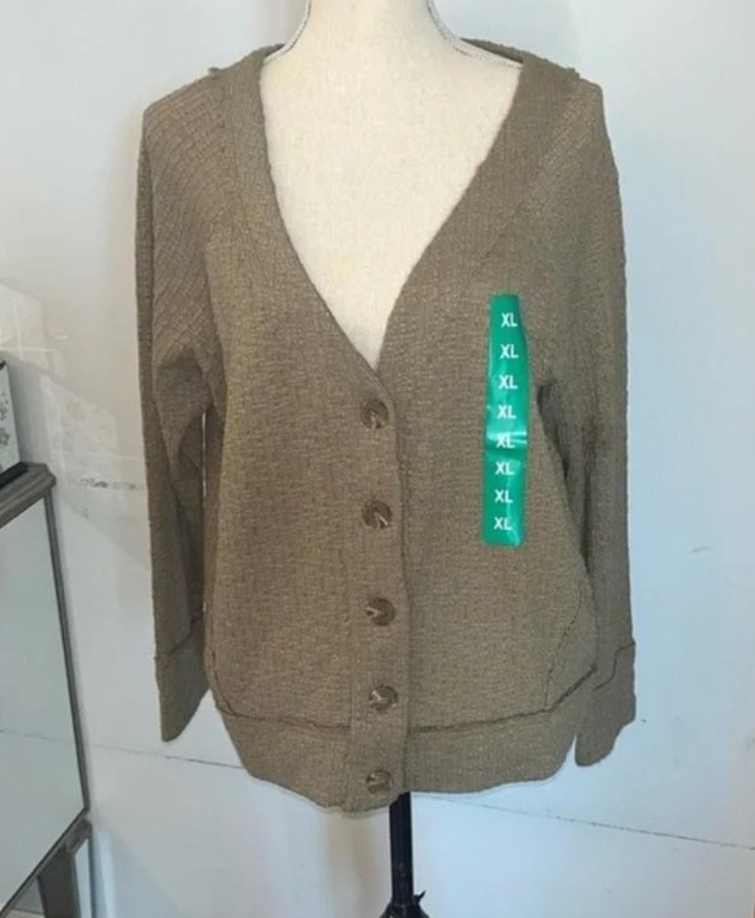 Two By Vince Camuto Womens Olive Textured Knit Cardigan V Neck Sweater Cotton XL