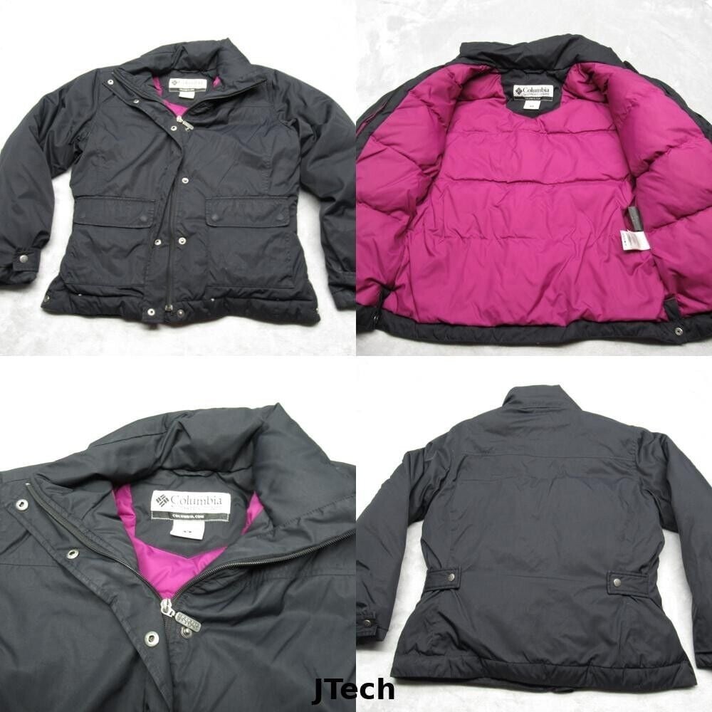 Columbia Down Jacket Womens Medium Black Waist Tab Pockets Snap Zip Front Puffer