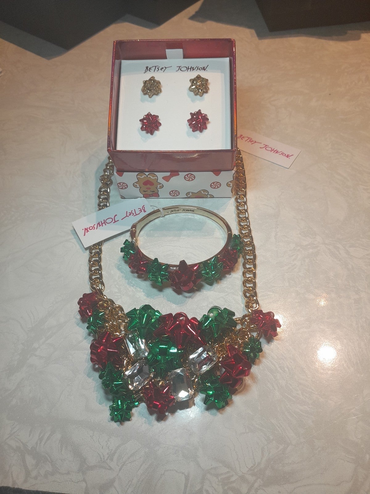 Betsey Johnson 3 Piece Statement Necklace, Earrings And Cuff Metal Bow Set NWT