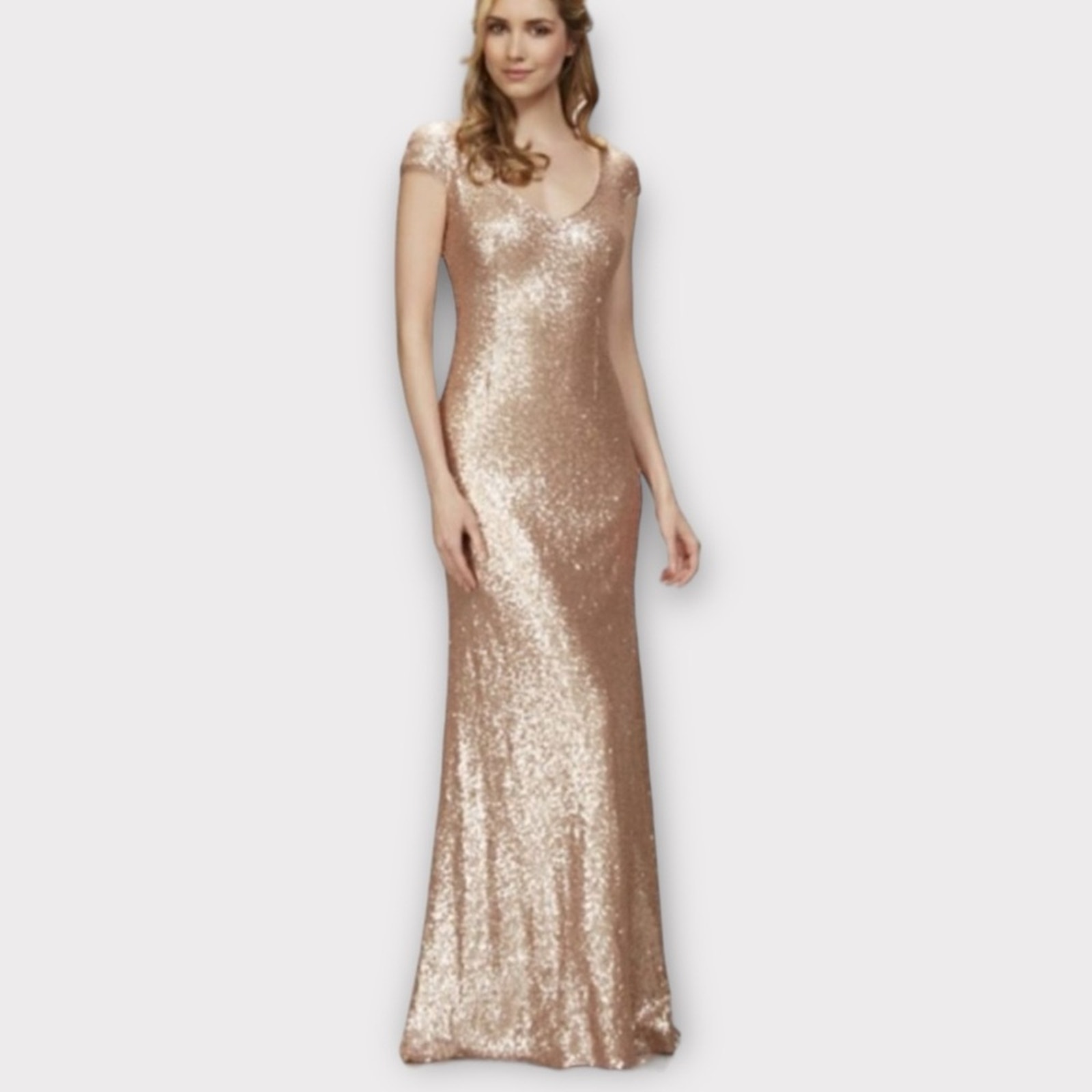 THEIA Bridesmaids | Kaylee Rose Gold all over Sequin Gown Maxi Dress size 6