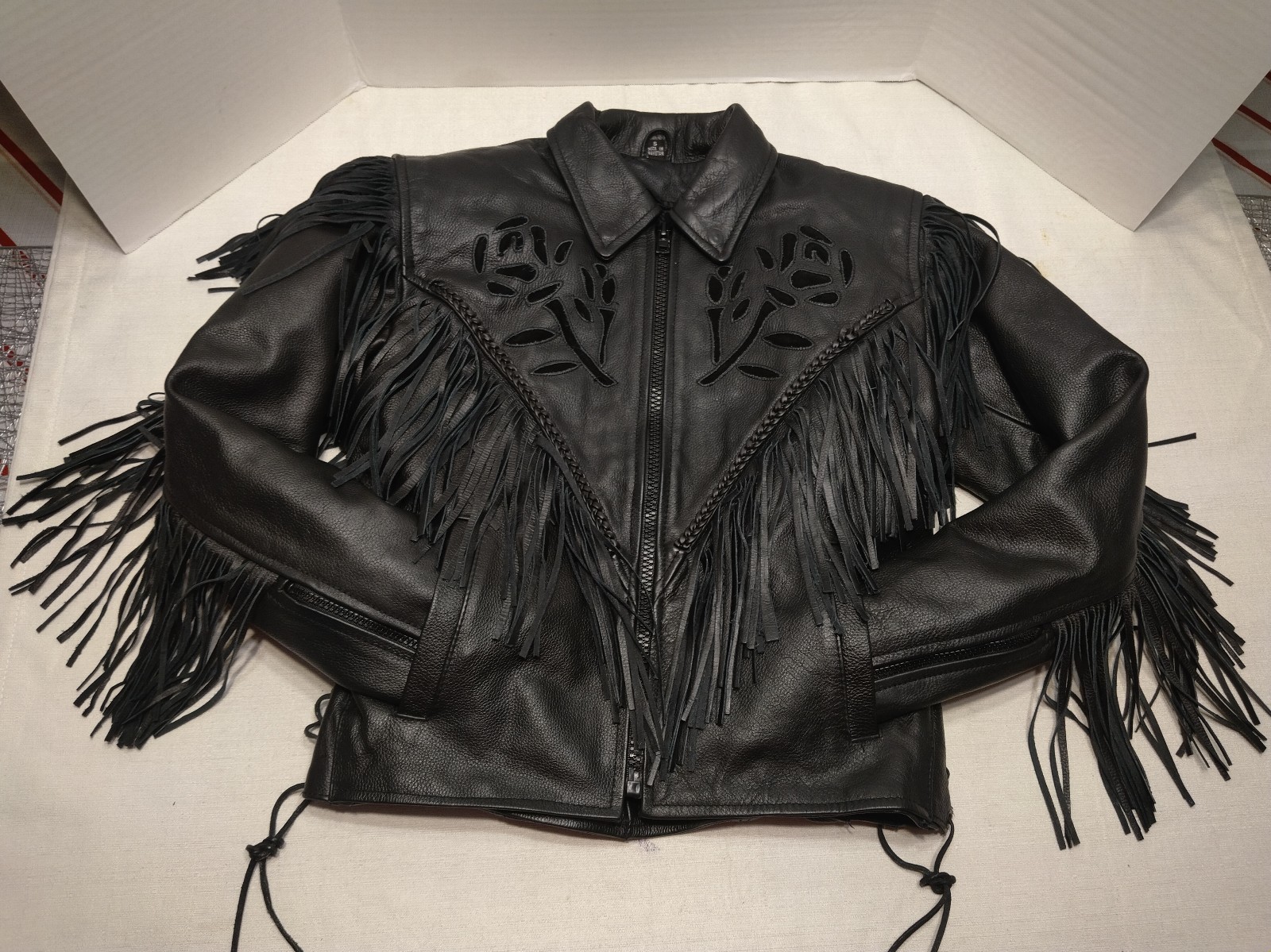 Vintage Rose Fringe leather jacket women's SMALL
