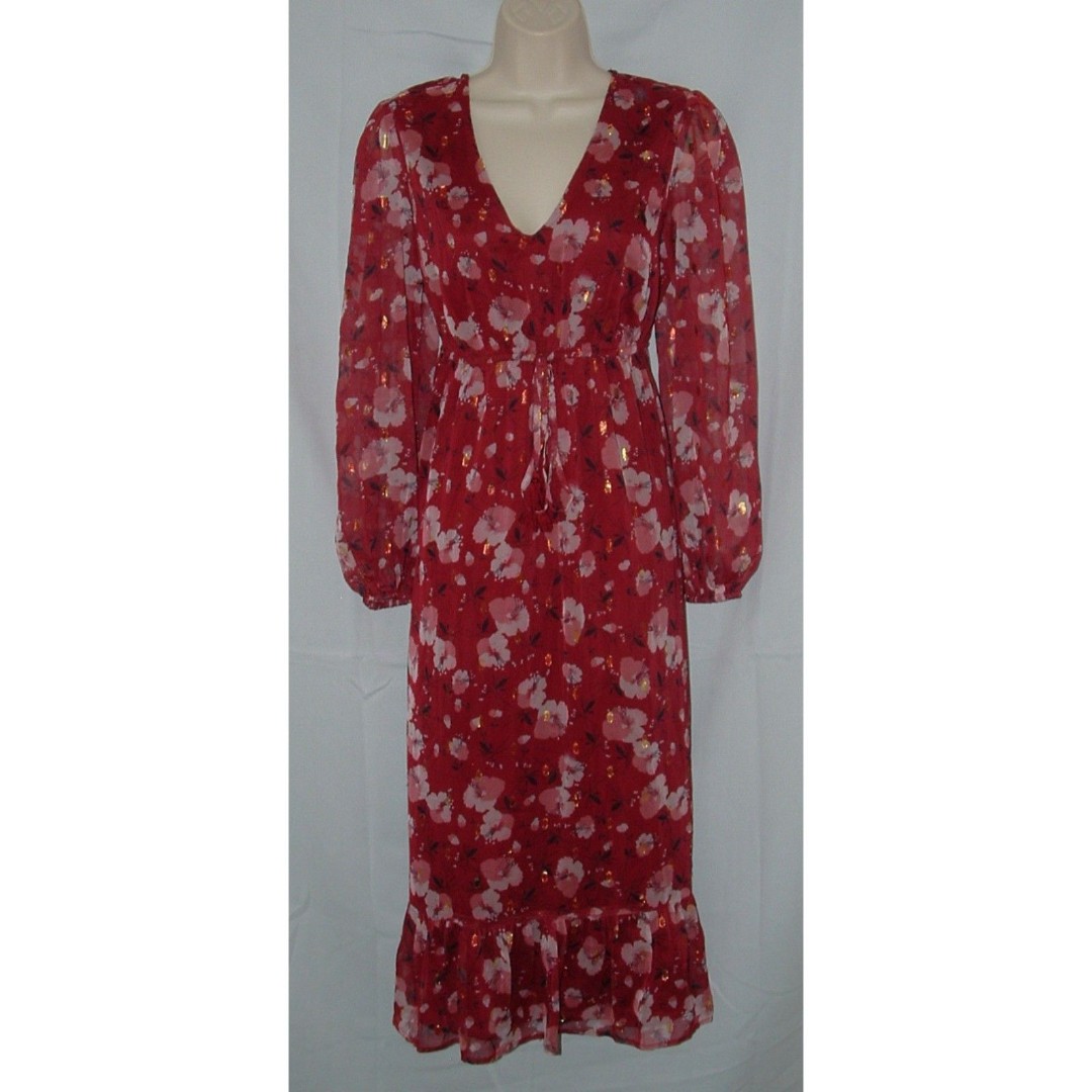 DIZZY LIZZY Sparkly Maroon Floral Sz Medium Church Office Lined Flowy Midi Dress