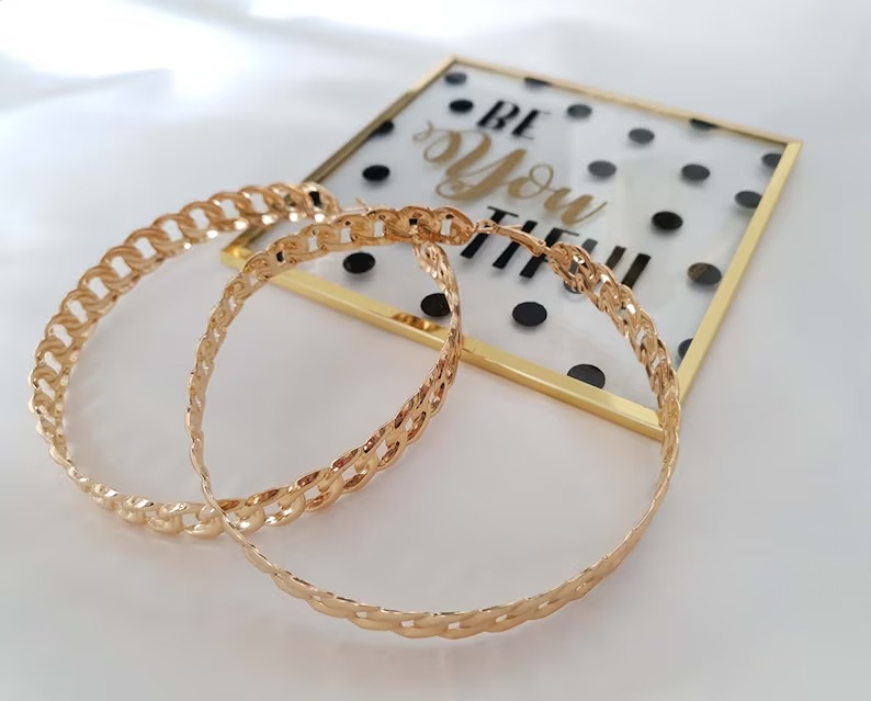 18K LARGE Gold metal oversized wide -flat chain design hoop earrings