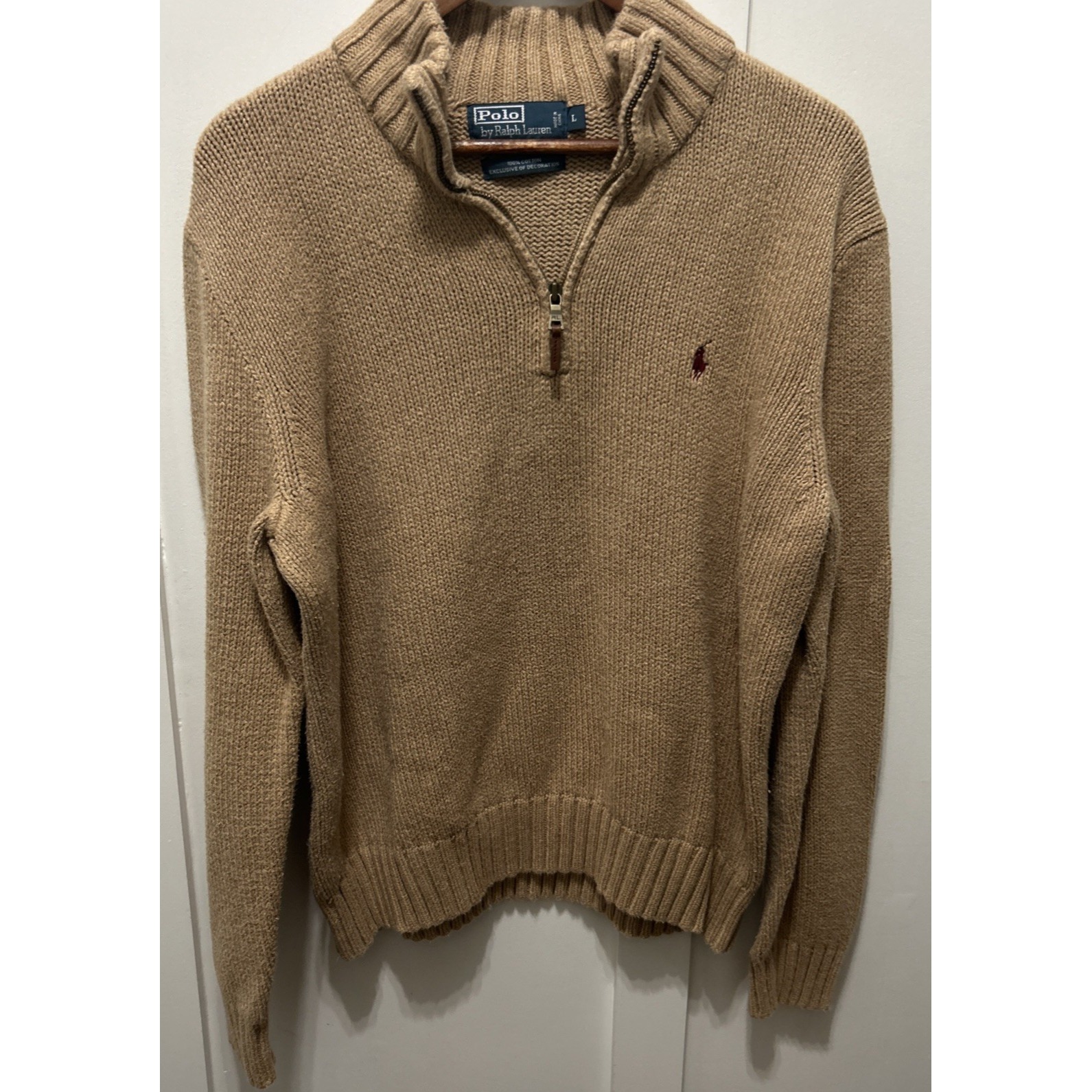 Polo Ralph Lauren 1/4 Zip Tan Pullover Sweater 100% Cotton Size Large Sweater