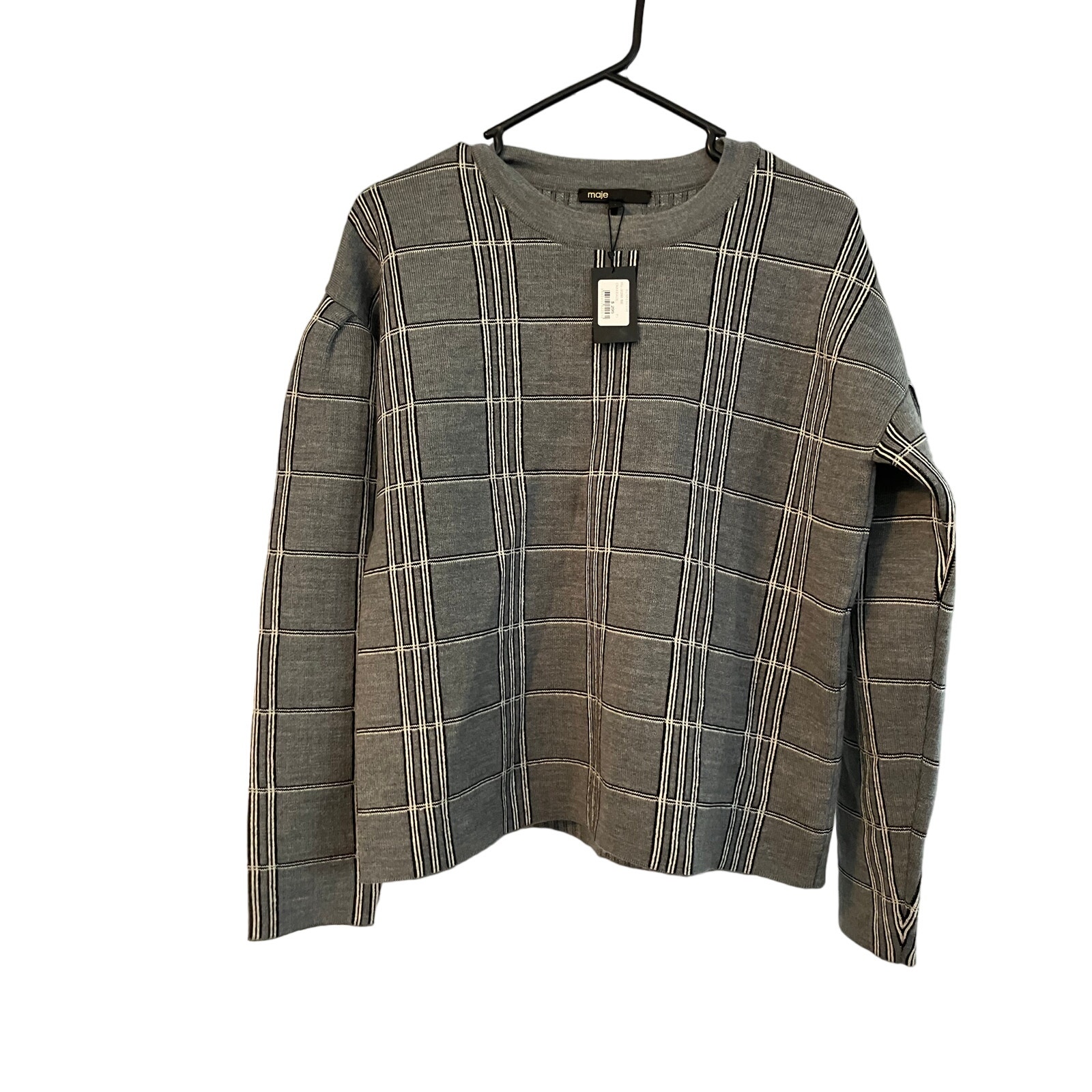 NWT Maje Gray Mission Grid Jacquard Knit Pullover Sweater Women's Size 1
