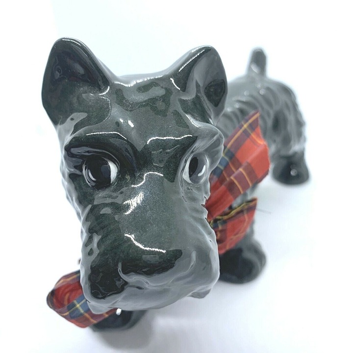 Scottish Terrier Statue Figurine Red & Black Bow Signed Black Handmade VTG