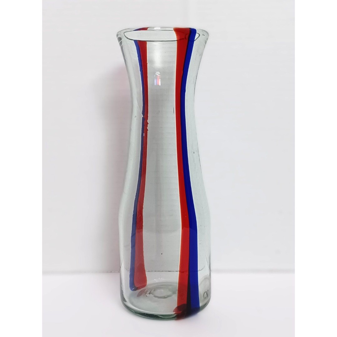 Anthropologie Signed Clare V Clear Blue and Red Stripe RETIRED Glass Carafe