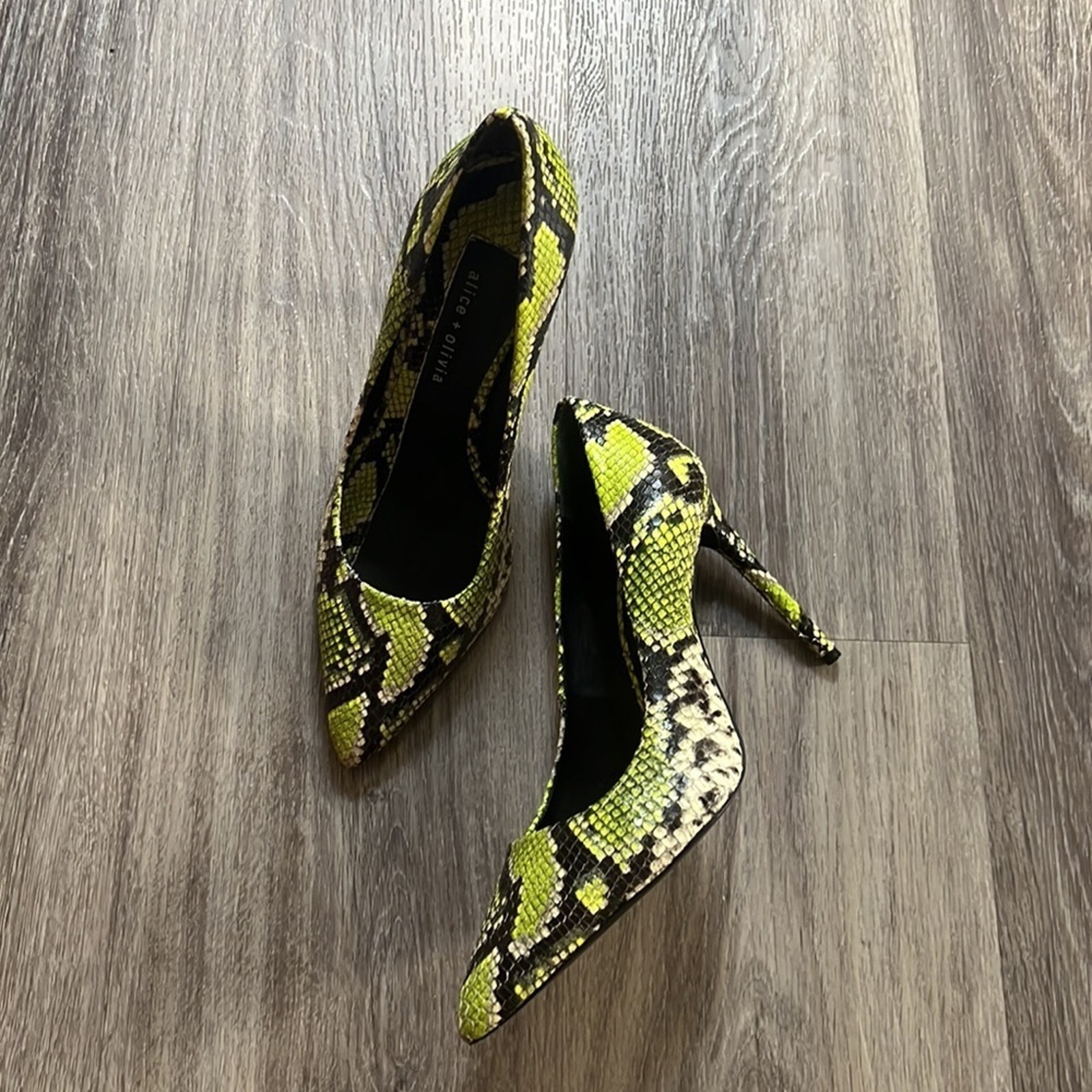 Alice and Olivia x Revolve Creda Heels in Neon Yellow Snake Stiletto 9