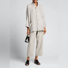 Eskandar Beachy STITCH EFFECT LINEN Stripe Blazer WIDE CHINESE COLLAR JACKET