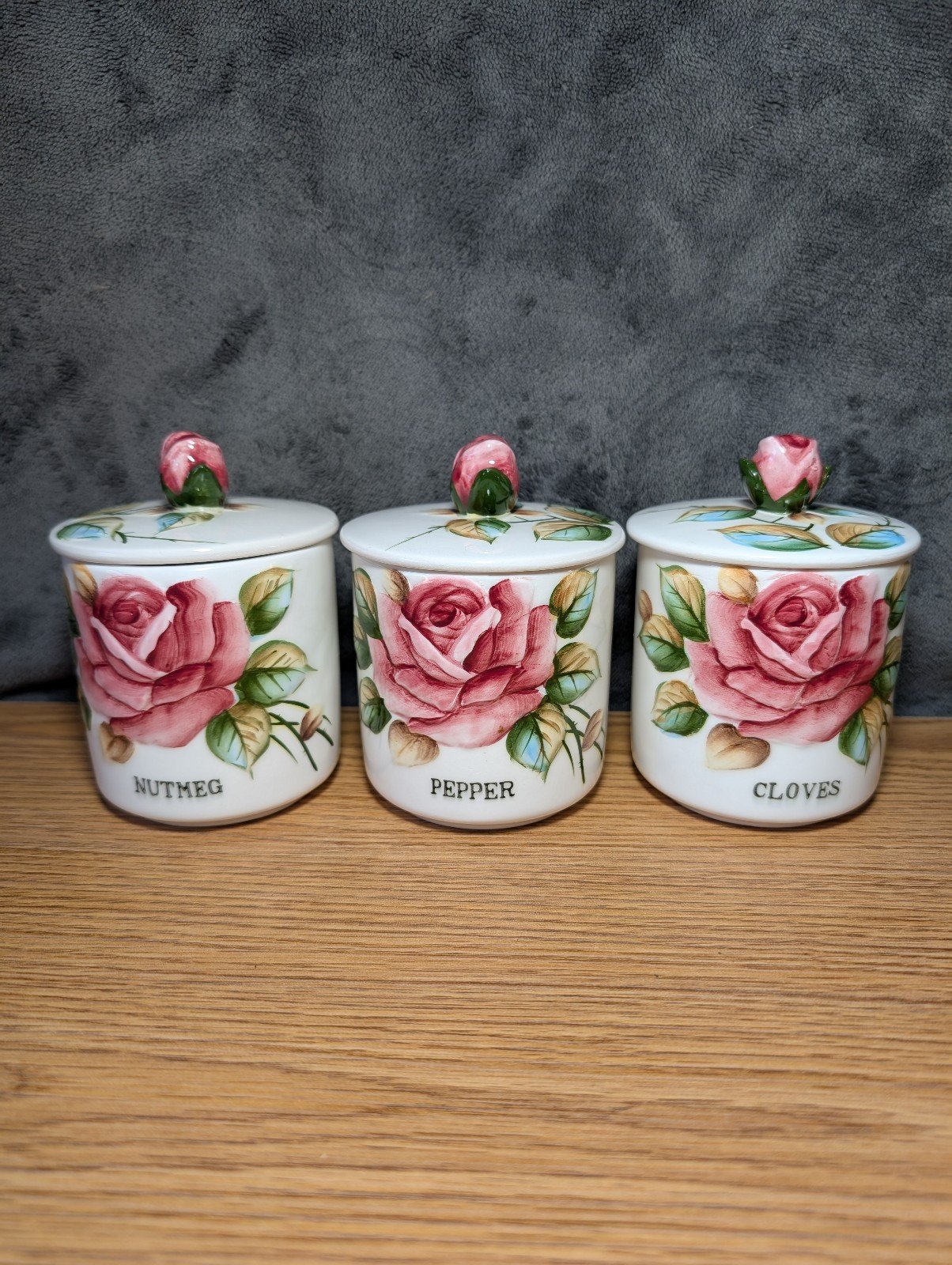 Set of 3 Lefton Rose Americana Spice Containers
