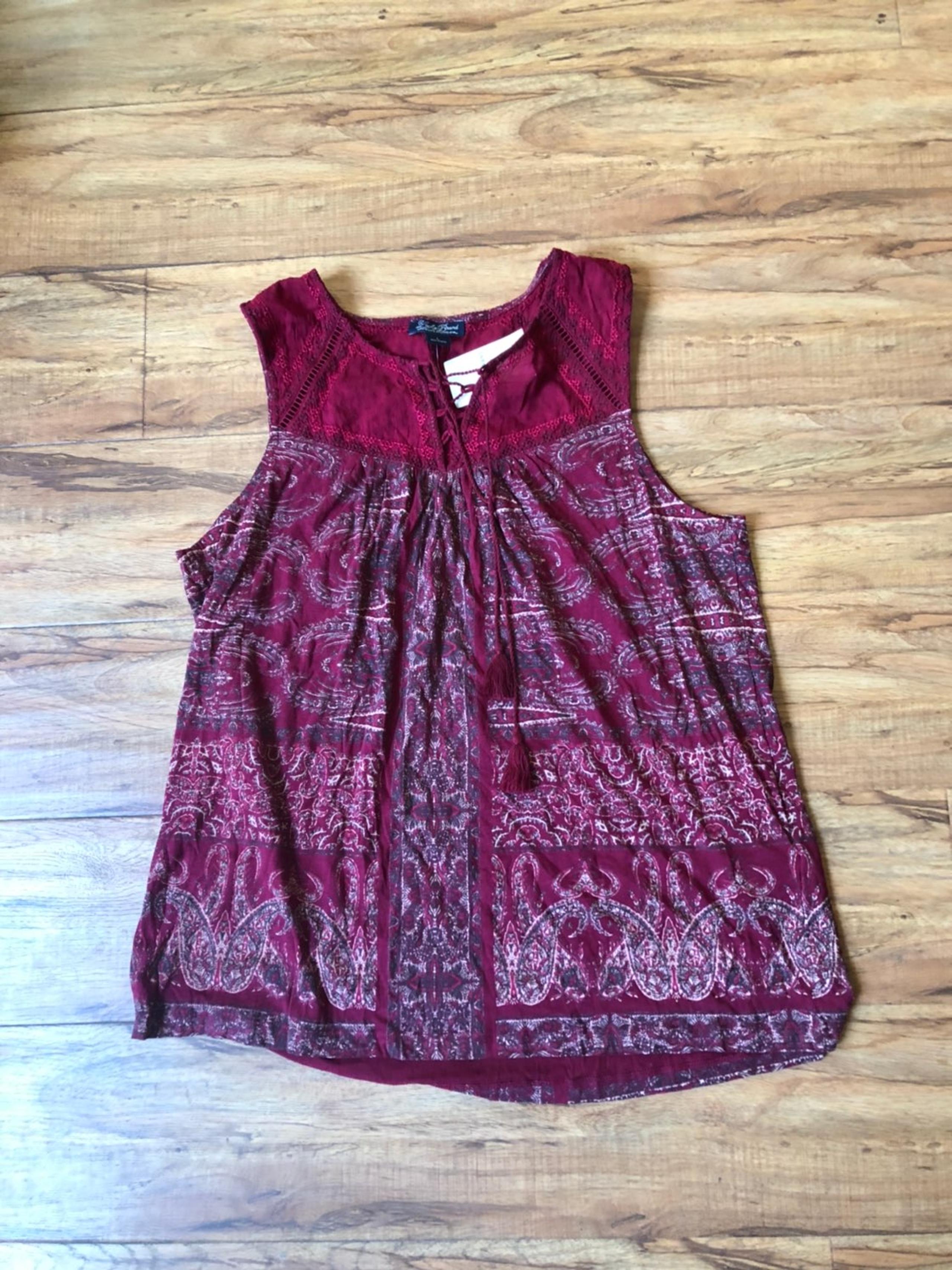 Lucky Brand Embroidered Tassel Tie Neck