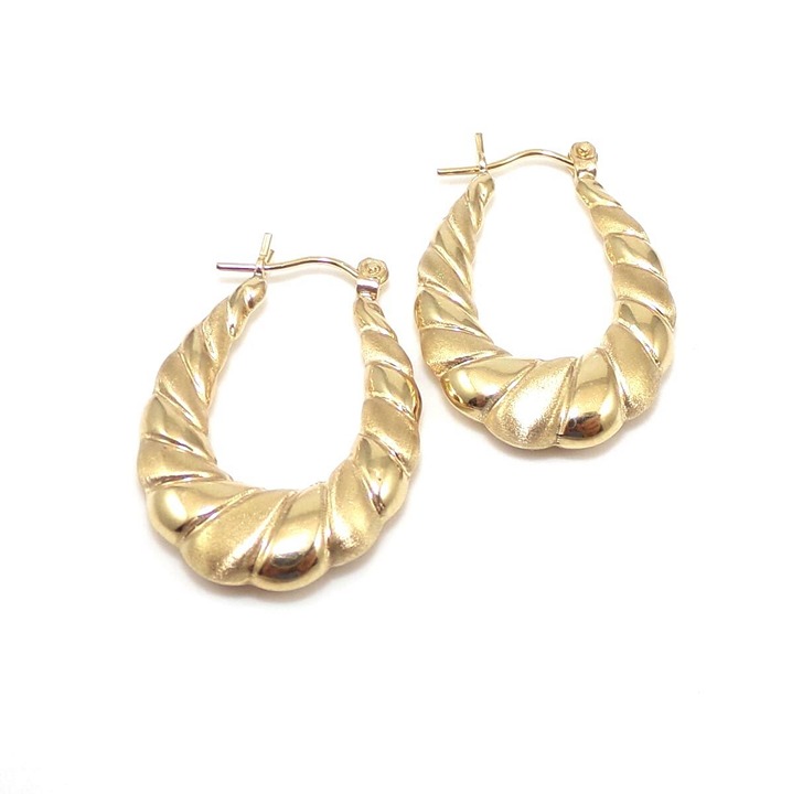 14K Yellow Gold Plain Brushed Oval Hoop Earrings