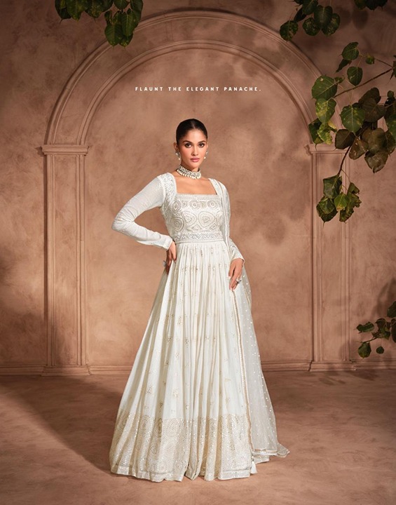Grand Pure chinon silk Cream colored fully embroidered Full length Gown