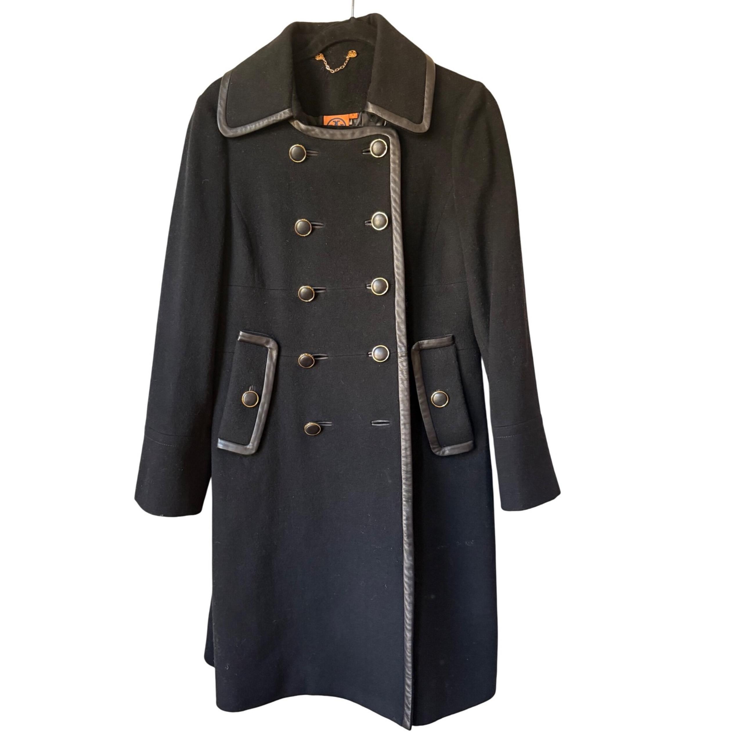 $998 TORY BURCH Wool Coat Leather Trim Double Breasted Pea Coat Blk Jacket SZ 6