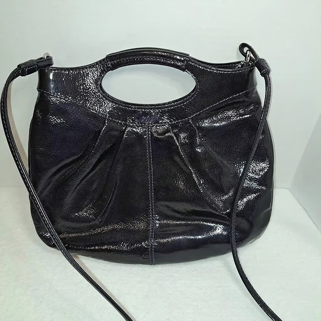 Coach Womens Lexi Patent Leather Pleated Crossbody Handbag Purse Eggplant 14079.