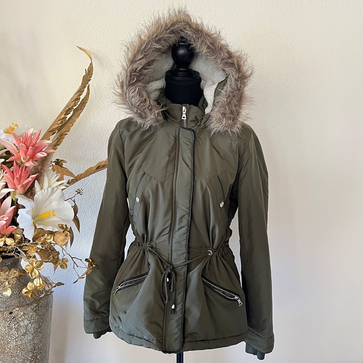 Y2K Miss London Black Label Olive Green Utility Jacket with Fur Trim Hood M