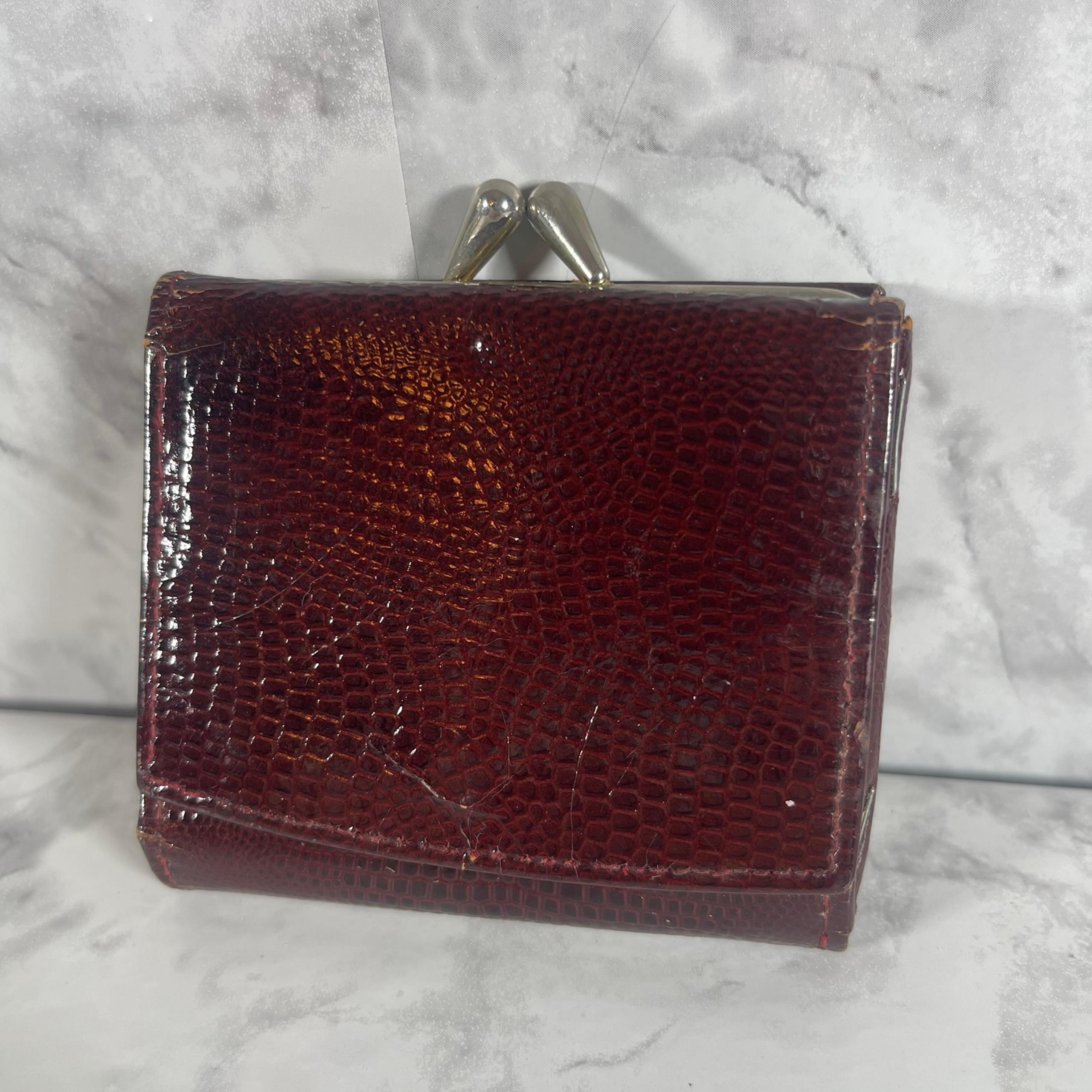 Vintage Stratton Of London Maroon Leather Kiss Lock Coin Purse Wallet Croc Skin