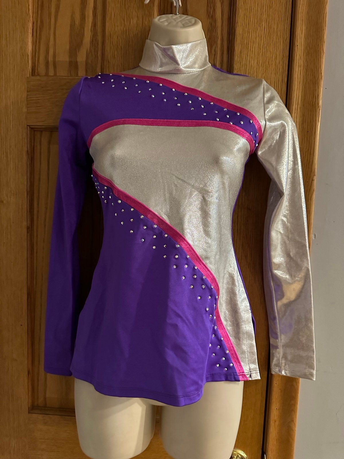 THE LINE UP PURPLE PINK SILVER RHINESTONE DRILL TEAM DANCE LONG SLEEVE TOP SMALL