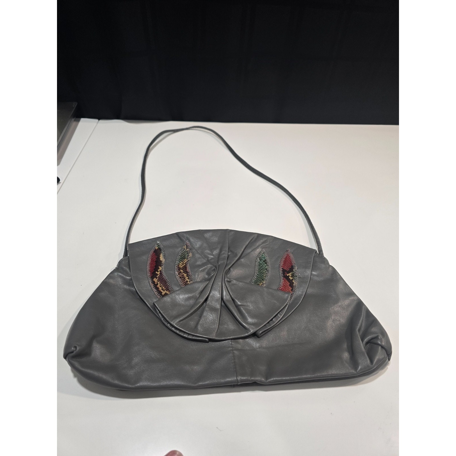 Unique Vintage Grey Leather Arched Shoulder/Clutch Bag w/Snakeskin Design