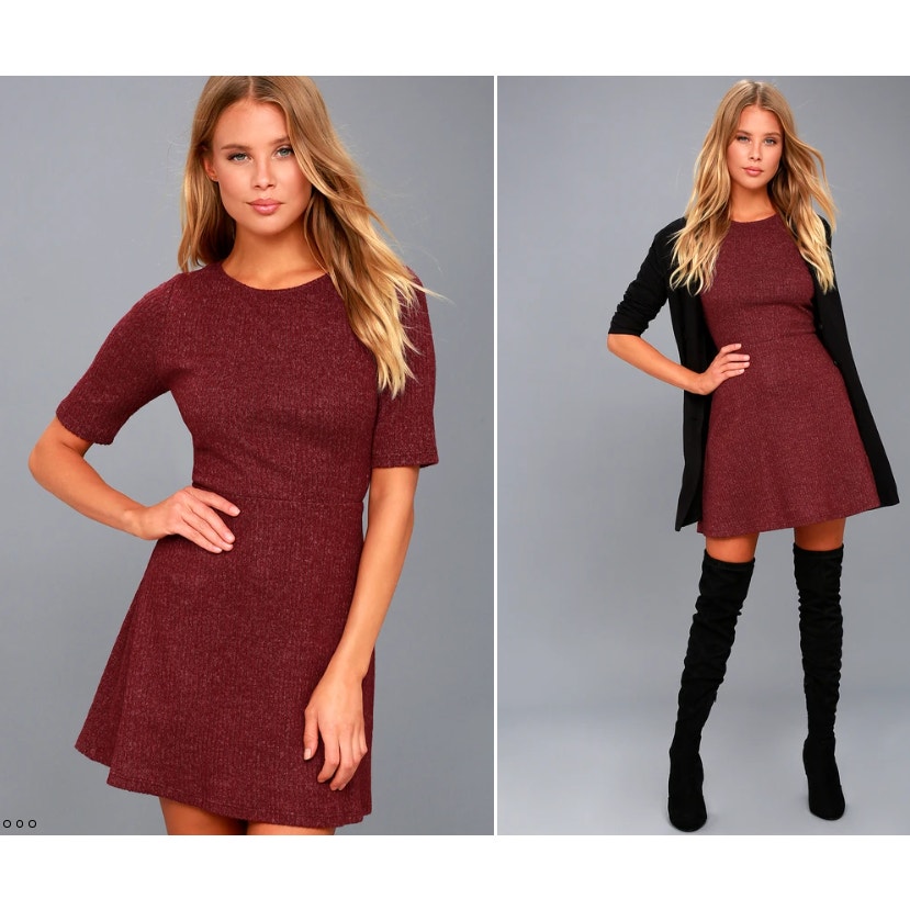 Lulus Size M London Lovely Heather Burgundy Skater Dress Fit and Flare Minimal