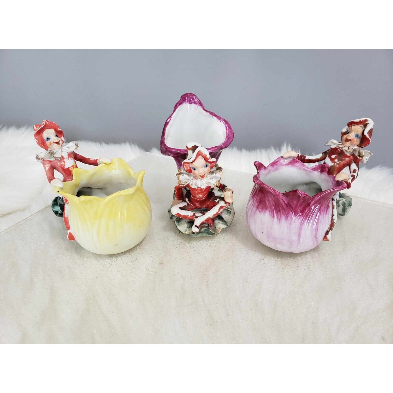 RARE 3 VINTAGE PIXIE ELF VASE PLANTER FIGURINES OCCUPIED JAPAN KITSCHY MCM PINK