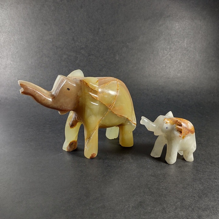 Vintage Onyx Elephants Mother & Baby Trunk Up 4.5 2.5 Figurines, Free US Ship