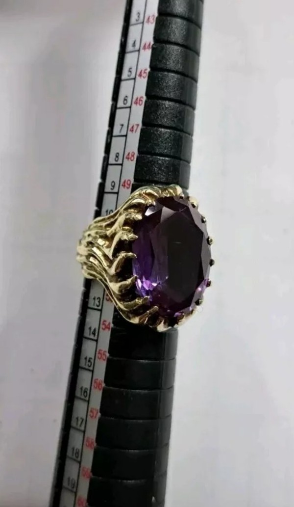 Estate 14k Yellow Gold Purple Sapphire Solitaire Ring, 14k Heavy Design, Retro