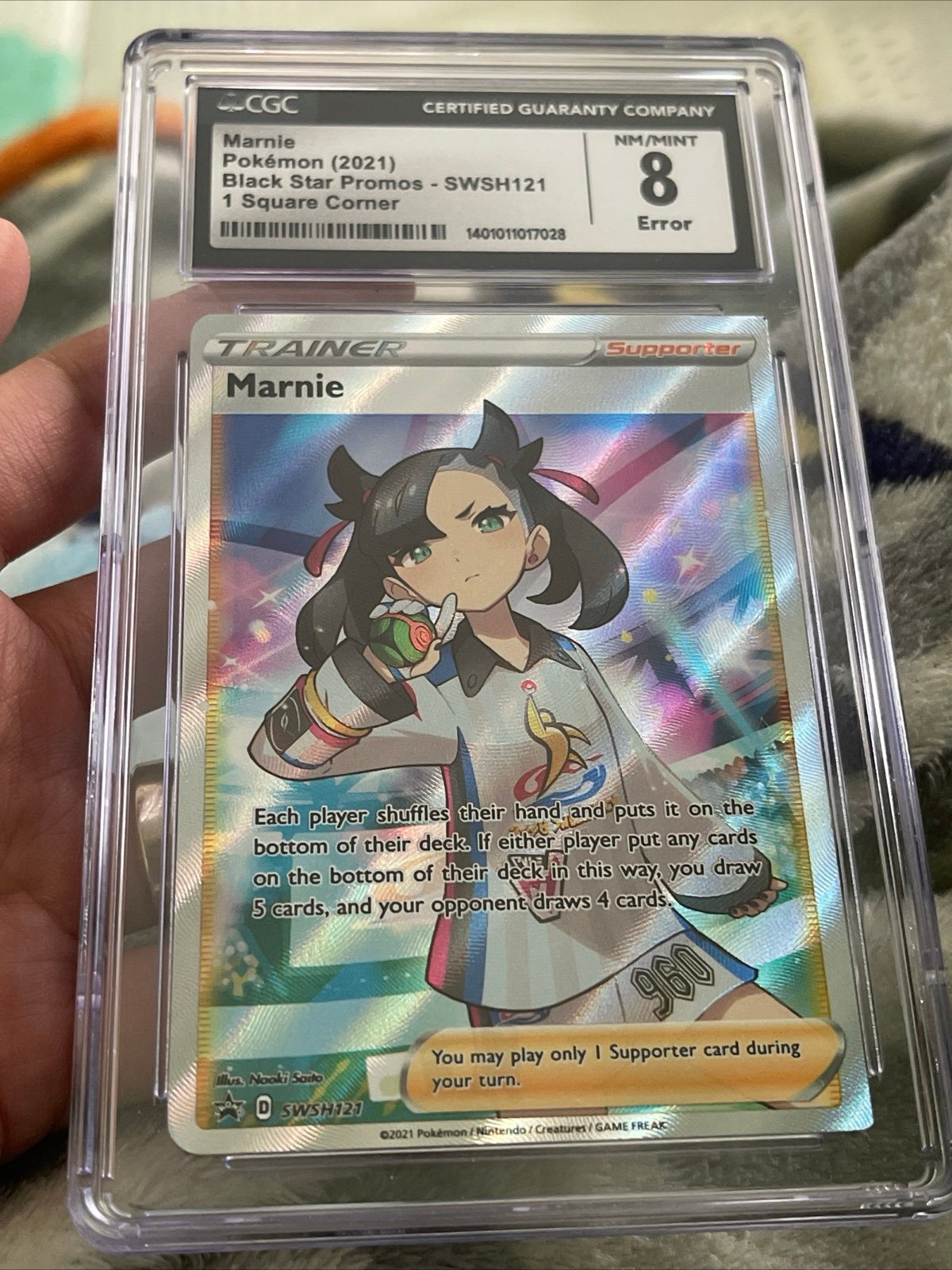 Pokémon Marnie SWSH Black Star Promos SWSH121 Promo CGC 8 ERROR SQUARE CORNER