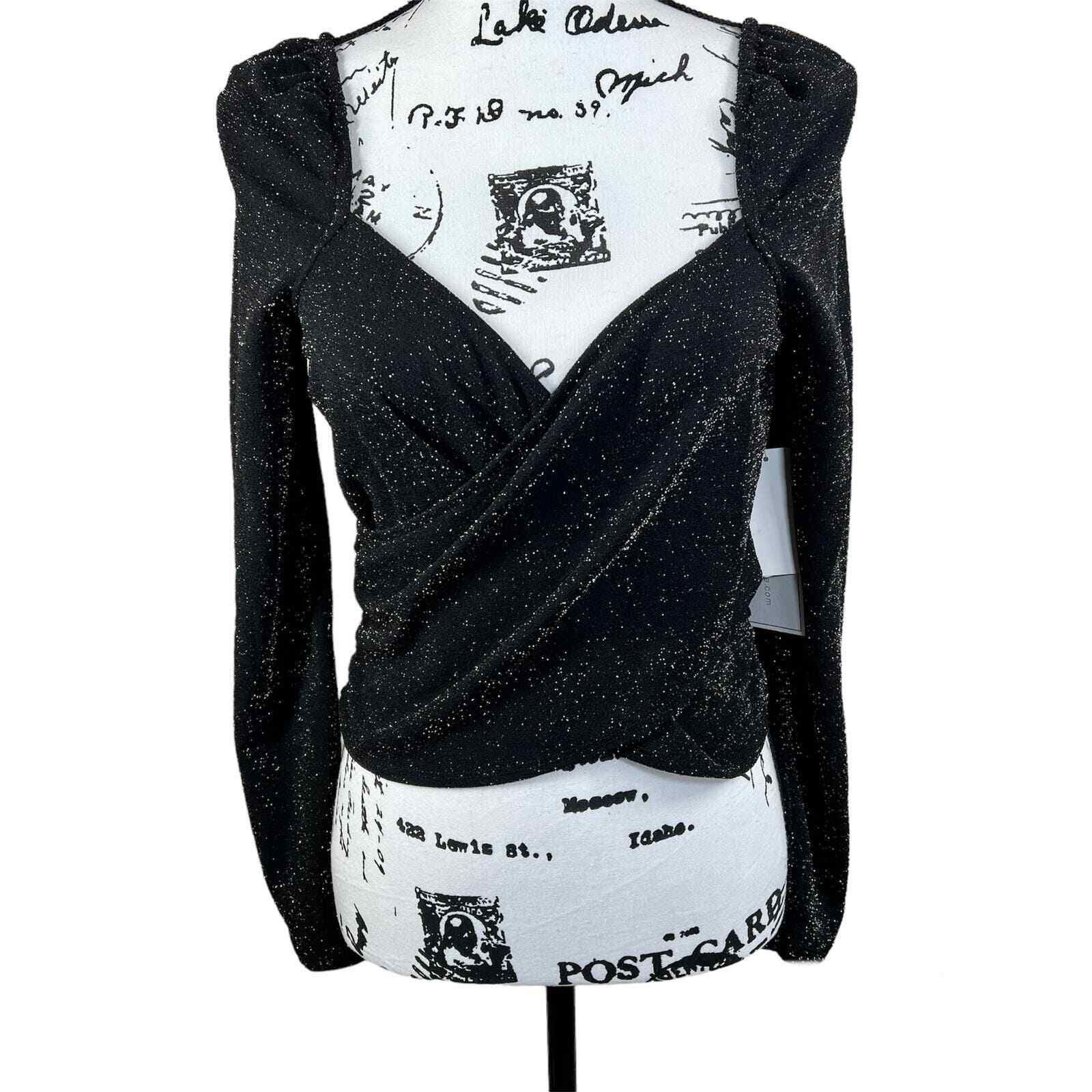 1 state black glitter print top Cropped Textured Wrap Top long sleeve size M