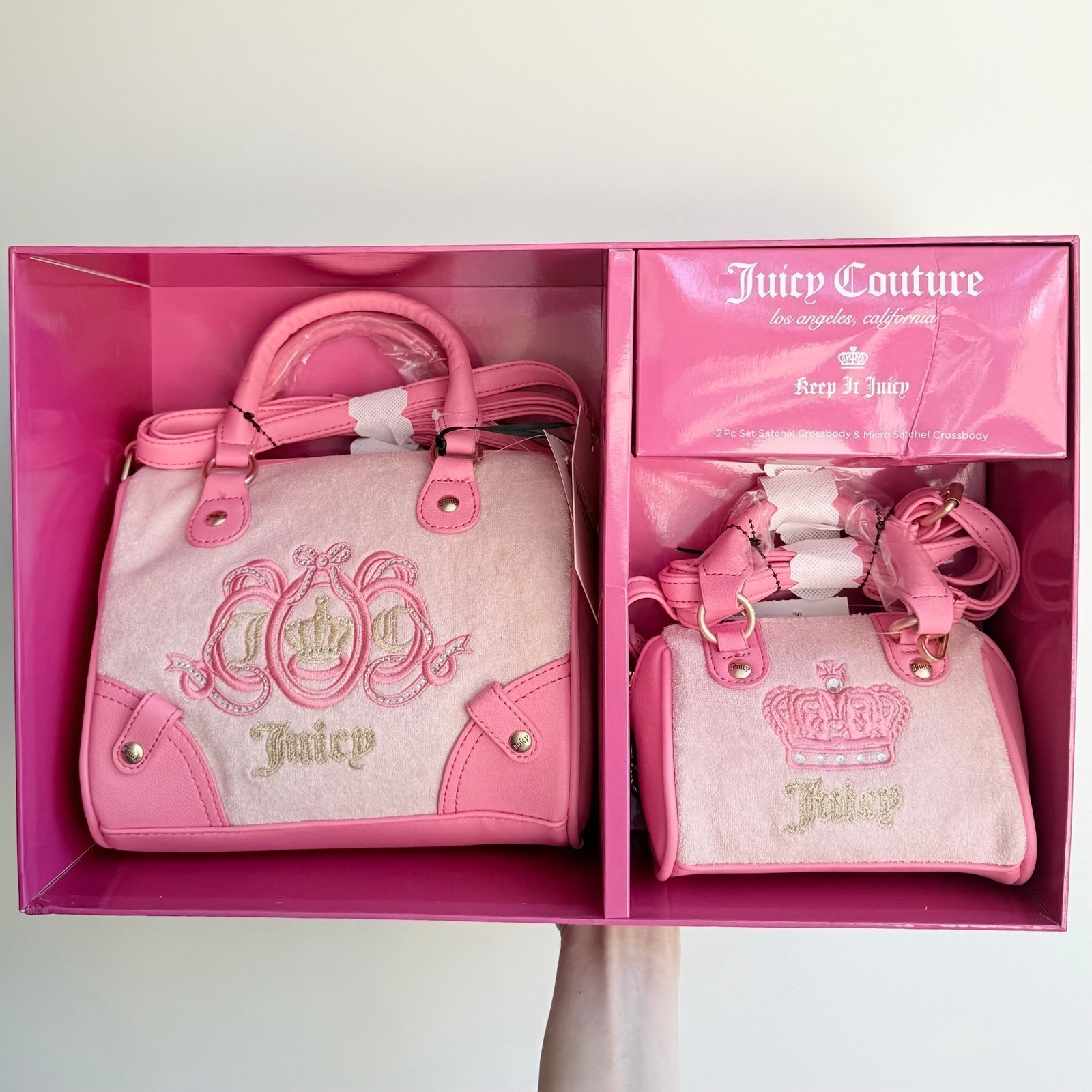 FREE SHIP Juicy Couture Lovers Club Pink w/ Mini Bags Satchels 2 Set Box