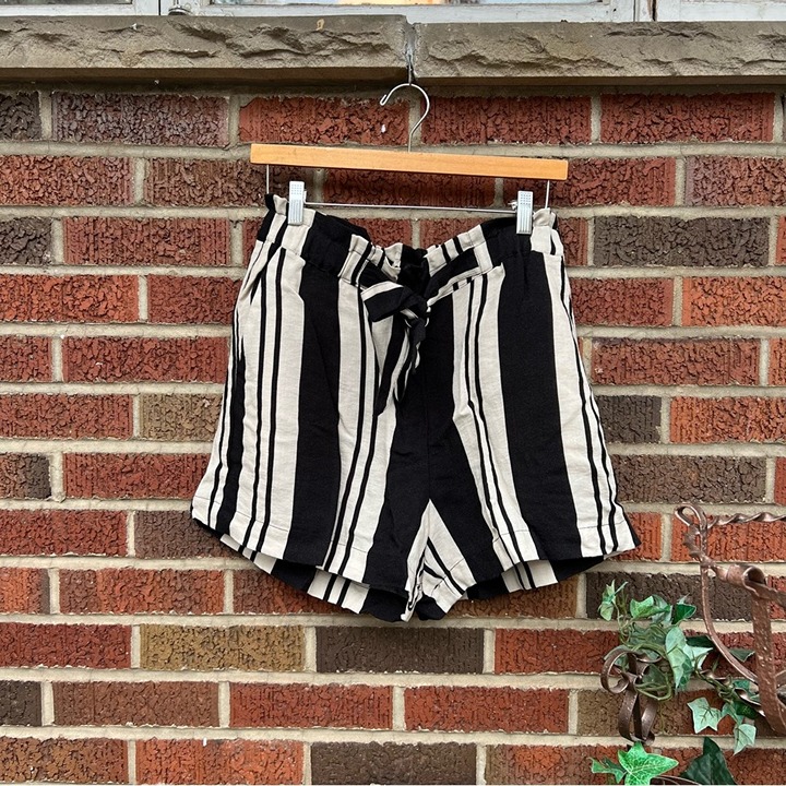 Dynamite Black and Cream Striped Paperbag High Waisted Linen Shorts