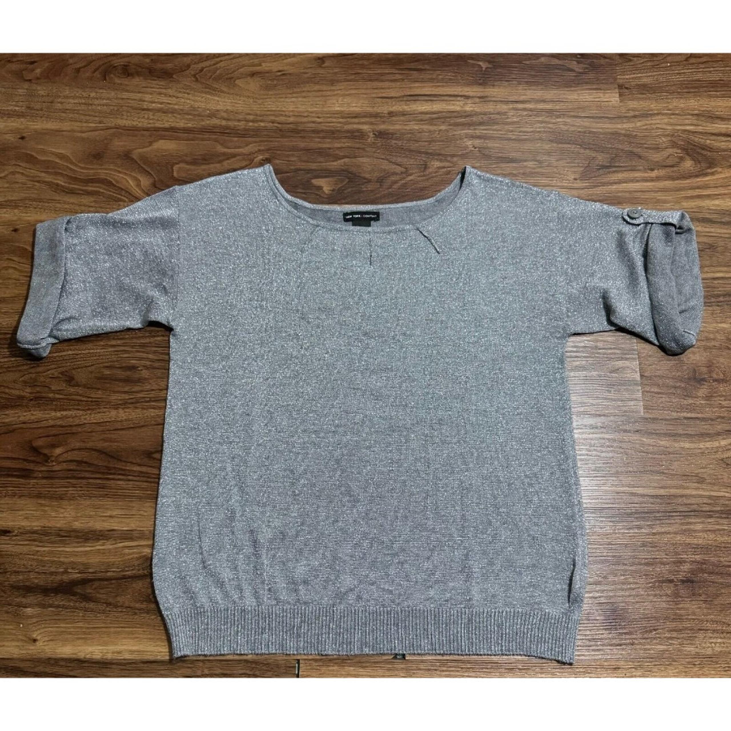 New York & Company Short Sleeve Sweater Gray Knit Blouse Women's Size Large