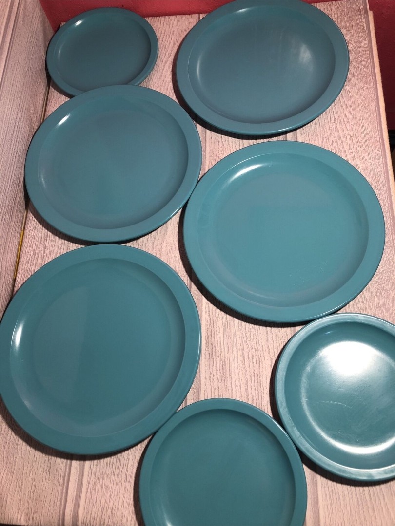 Vintage Lot 7 Teal Melamine Melmac Texas-Ware 4 10 Dinner Plates 3 7 Saucers
