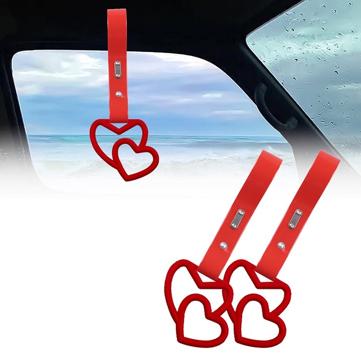 NEW 2PCS DOUBLE LOVE HEART RED JDM TSURIKAWA RING Red Handle Strap Drift