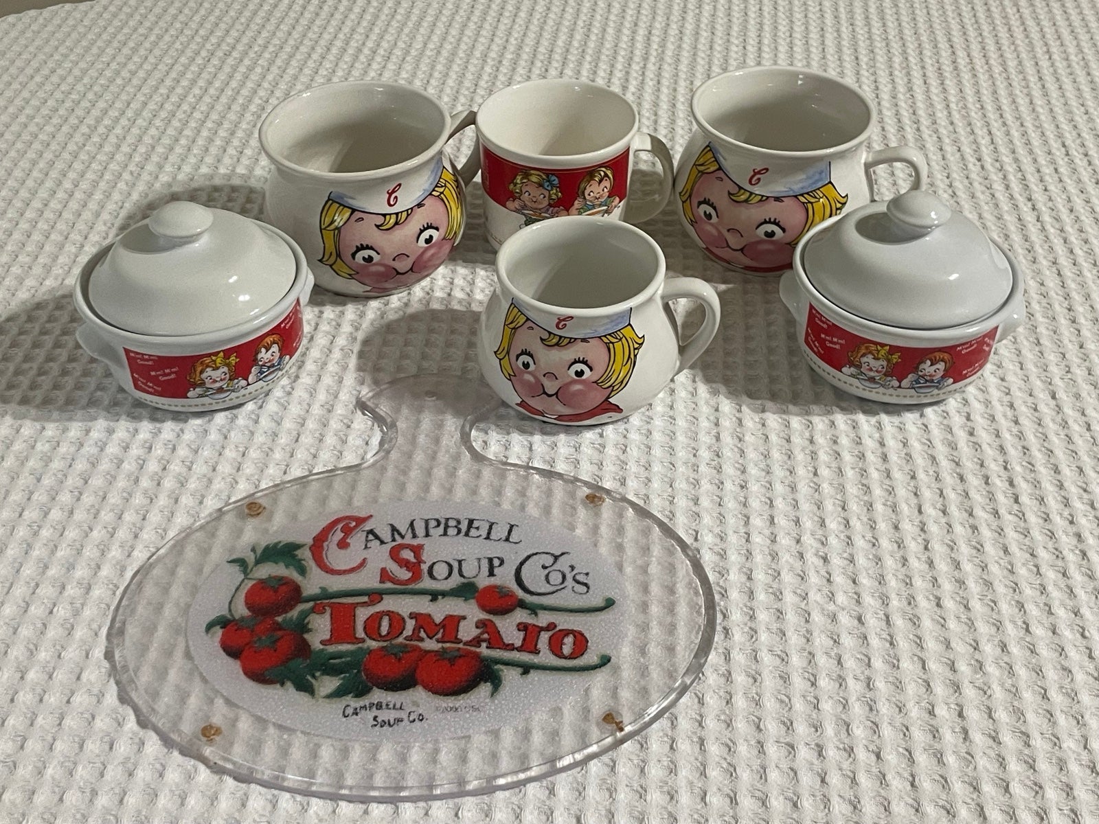 Vintage Campbells Soup Tomato cups, bowls, lids, cutting board lot