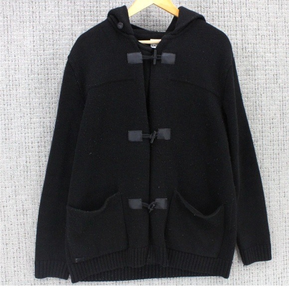 Lacoste Wool Blend Jacket Mens Size 5 Black Solid Button Front Hooded Knit