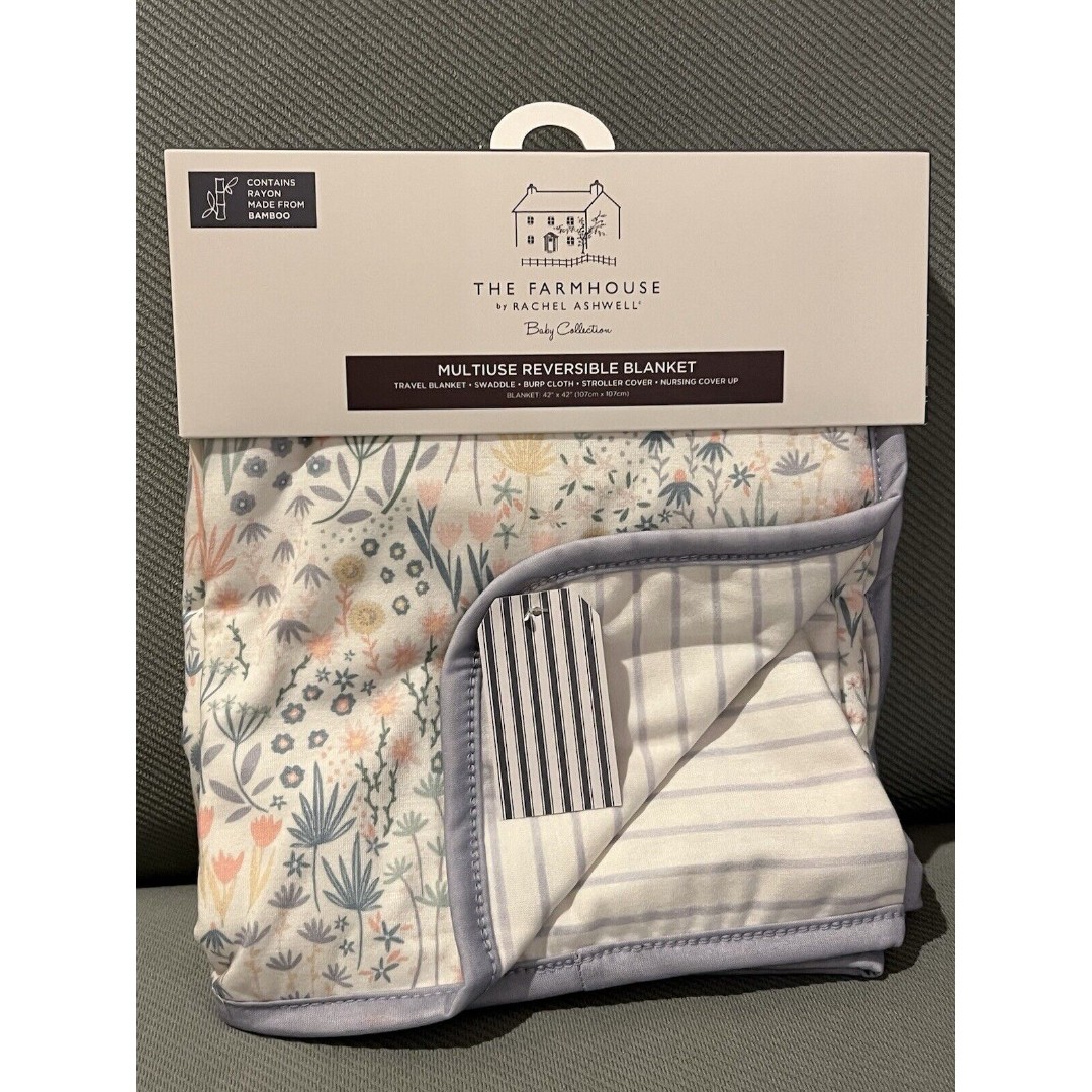 Rachel Ashwell Baby Blanket Purple Stripe Floral Reversible Stroller Nursing New