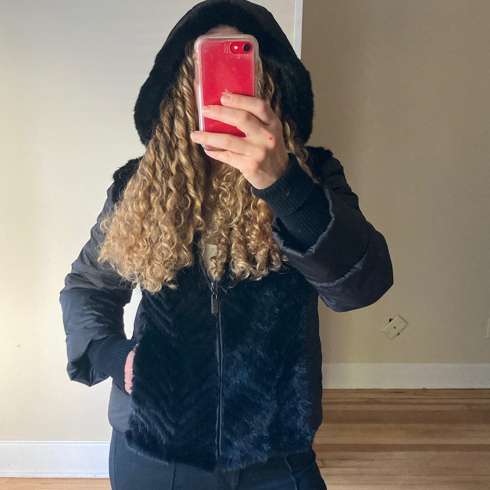 Max & Moi Paris fur quilted hooded puffer bomber jacket black sweater sleeve