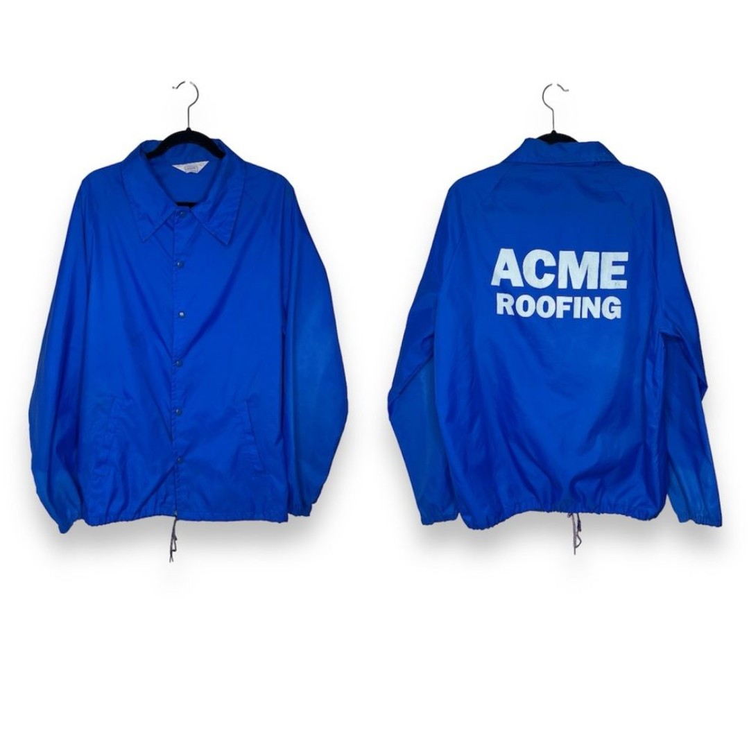Vintage 70s Warwick Acme Roofing Blue Windbreaker Coach Work Jacket Men Large