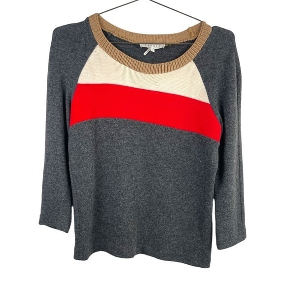 Sandro Gray And Red Stripe Colorblock Wool Blend Round Neck‎ Sweater