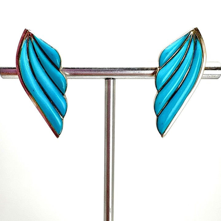 VTG Sterling Silver 925 Turquoise Wing Design Statement Earrings Size 1.25