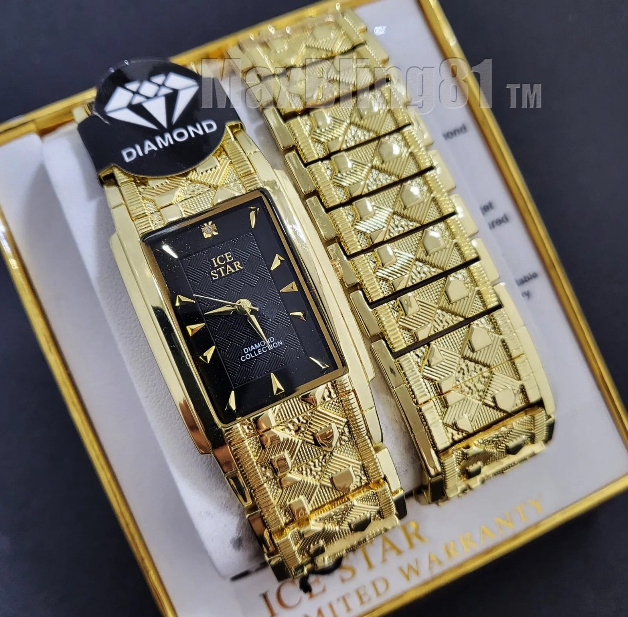 MEN'S HIP HOP GOLD FINISH BLING LUXURY BLACK DIAL METAL WATCH & BRACELET SET
